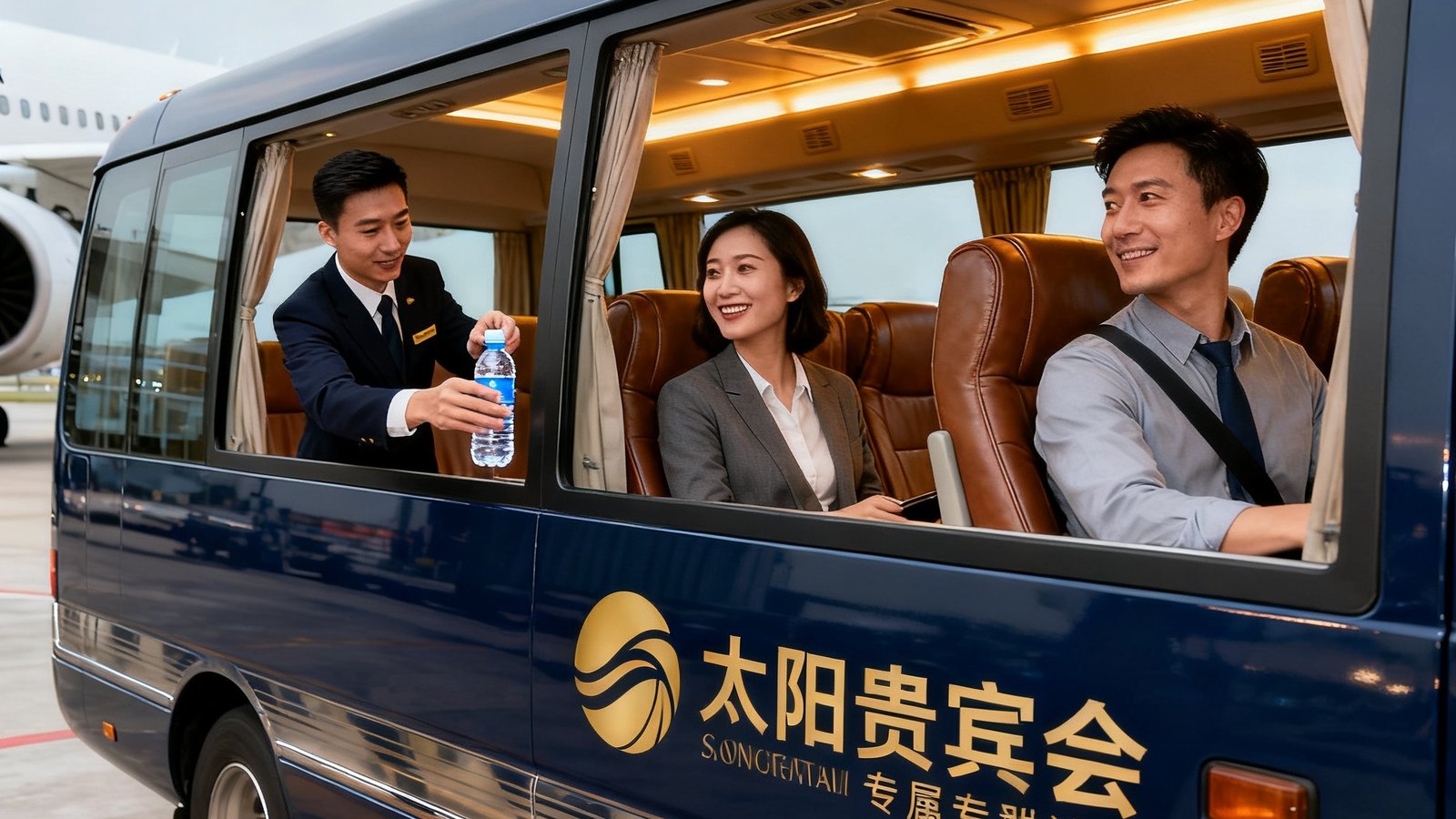 太阳贵宾会专属摆渡车正在将贵宾旅客送至远机位登机口，车身采用深蓝色涂装配金色集团标识，车内座椅均为真皮材质，随车管家正在为旅客递上瓶装水