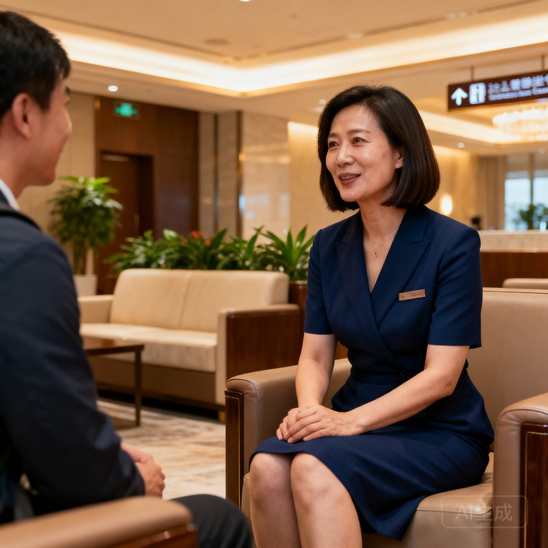 太阳贵宾会集团客户关系总监林雅文女士，一位四十岁左右的干练女性，留着齐肩短发，身着深蓝色职业套裙，正在贵宾厅内与一位旅客亲切交谈