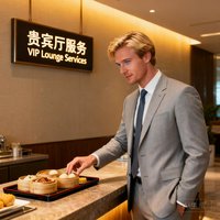 一位金发蓝眼的外籍商务旅客Michael，身着浅灰色西装，正在贵宾厅吧台前挑选精致的粤式点心，背景可见中英文双语的服务标识牌